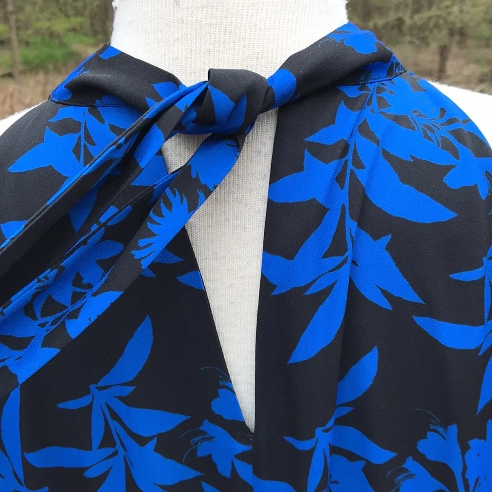 Sam Edelman Size 14 blue combo halter graphic botanic halter midi dress - Picture 6 of 11